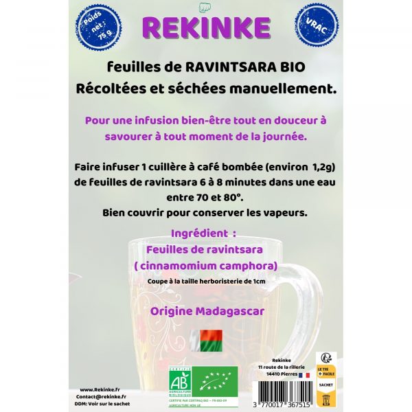 Ravintsara feuilles en vrac pour infusion 75g BIO - REKINKE -